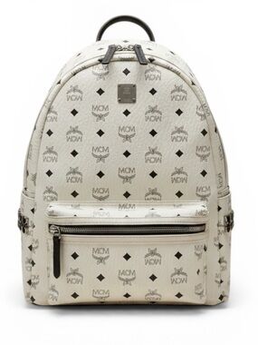 Authentic MCM Stark Backpack White Blue Visetos Size Medium Side Studs Unisex